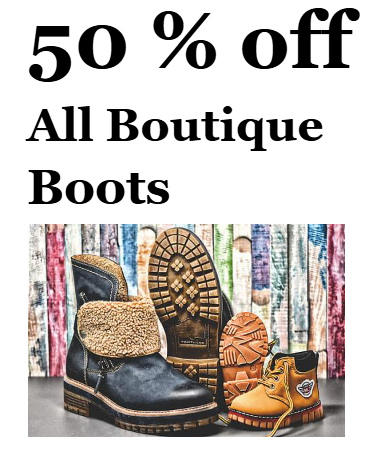 50% off all boutique boots. Display of several boots: blue, brown, and tan, against a colorful background.