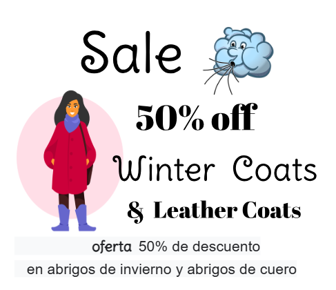 Sale: 50% off winter and leather coats. Woman wearing red coat, wind graphic, and Spanish translation.