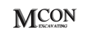 Logo for MCON Excavating in black and gray, with text “MCON” above “EXCAVATING”.