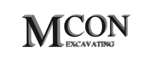 Logo for MCON Excavating in black and gray, with text “MCON” above “EXCAVATING”.