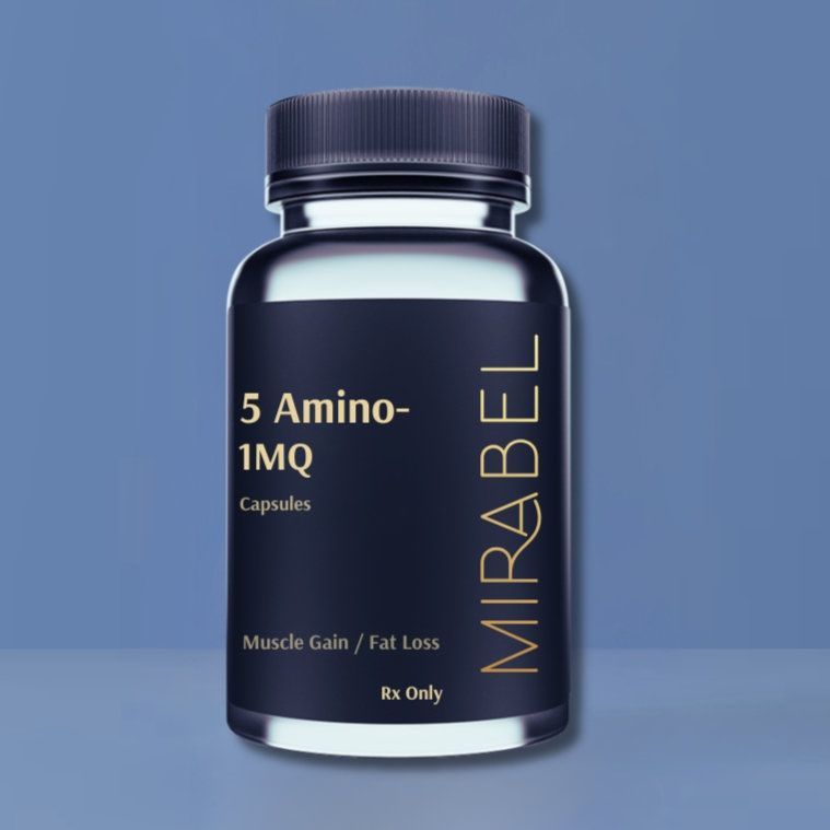Bottle of "5 Amino-1MQ" capsules, labeled "Mirabel," for muscle gain and fat loss; Rx Only.