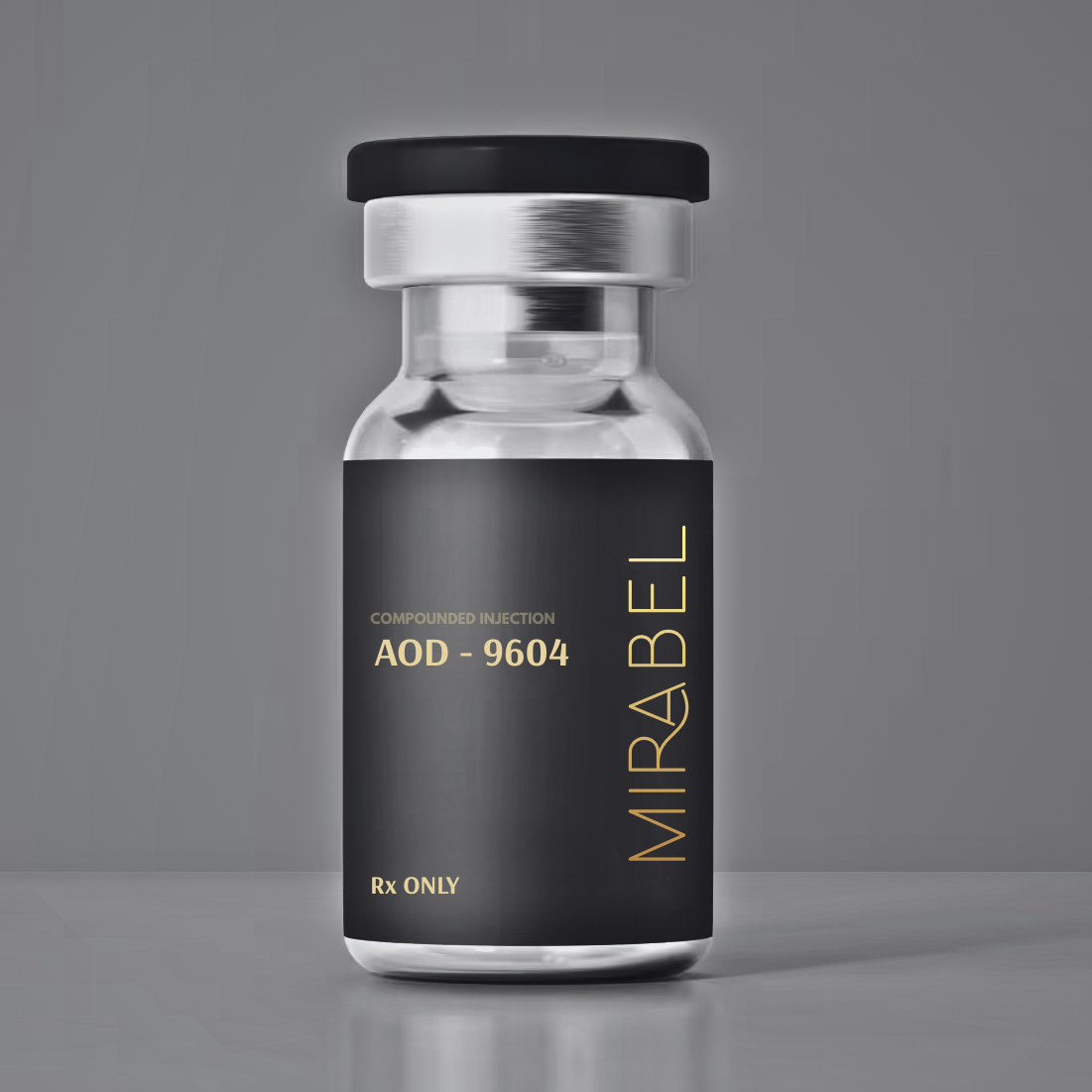 Vial of Mirabel medication with black label, silver cap, and Rx only marking.
