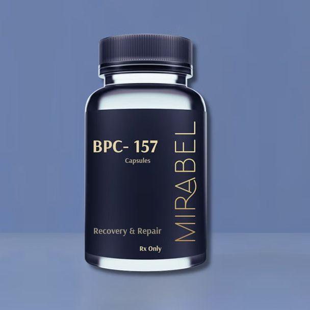 Bottle of BPC-157 capsules by Mirabel, labeled "Recovery & Repair" on a blue background.