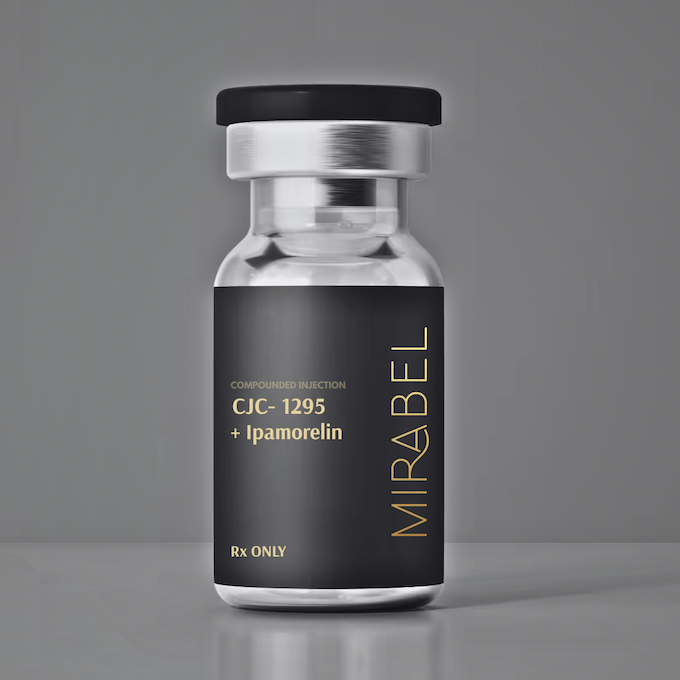 Glass vial labeled "MIRABEL" containing CJC-1295 + Ipamorelin, for RX only.
