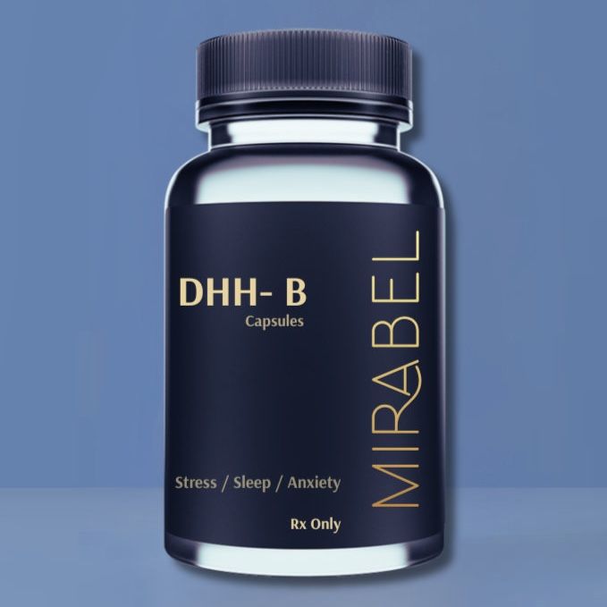 Bottle of Mirabel DHH-B capsules, dark navy with gold text, for stress, sleep, and anxiety. Rx only.