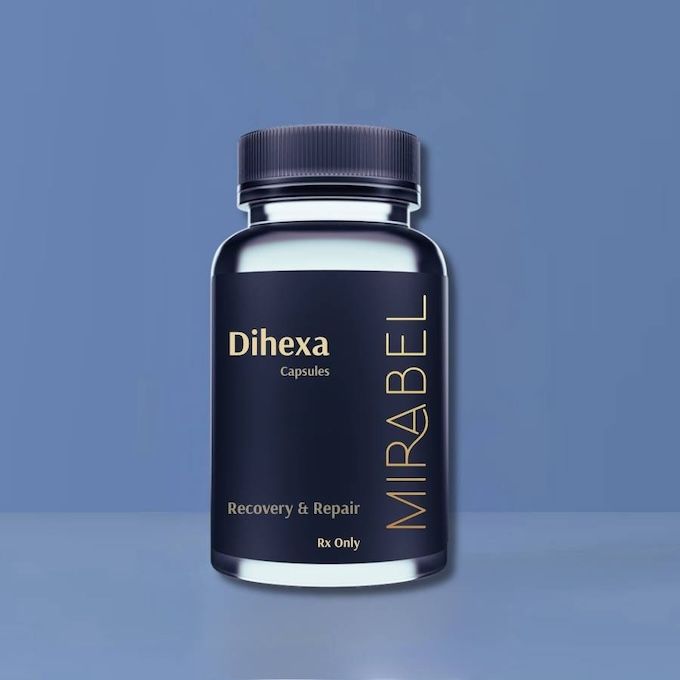 Dark bottle of Dihexa capsules, Recovery & Repair. Black, gold lettering, blue background.