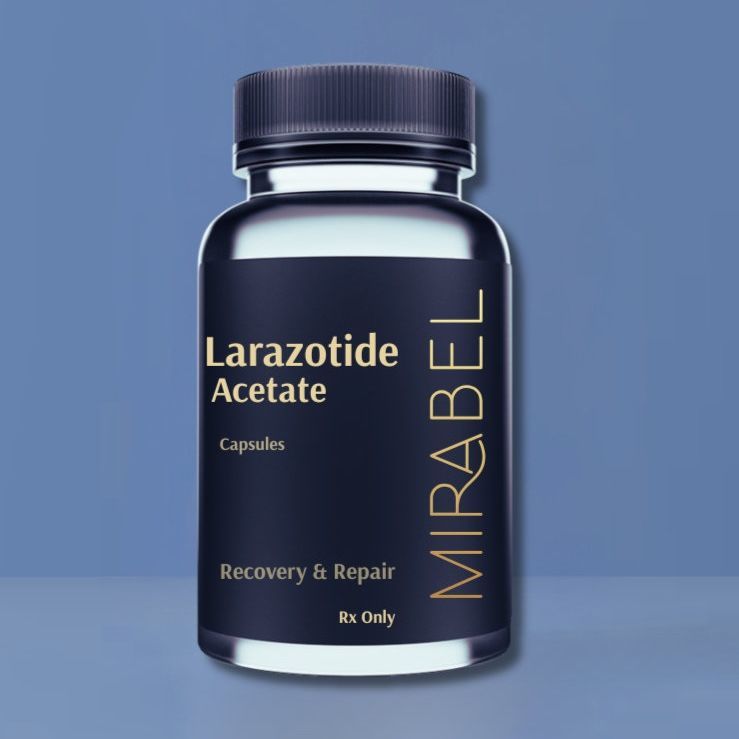 Dark bottle of Mirabel Larazotide Acetate capsules, Rx Only. Recovery & Repair label on blue background.