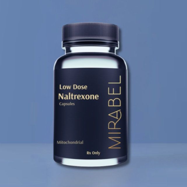 Dark blue bottle labeled "MIRABEL" containing "Low Dose Naltrexone Capsules." "Rx Only" label.
