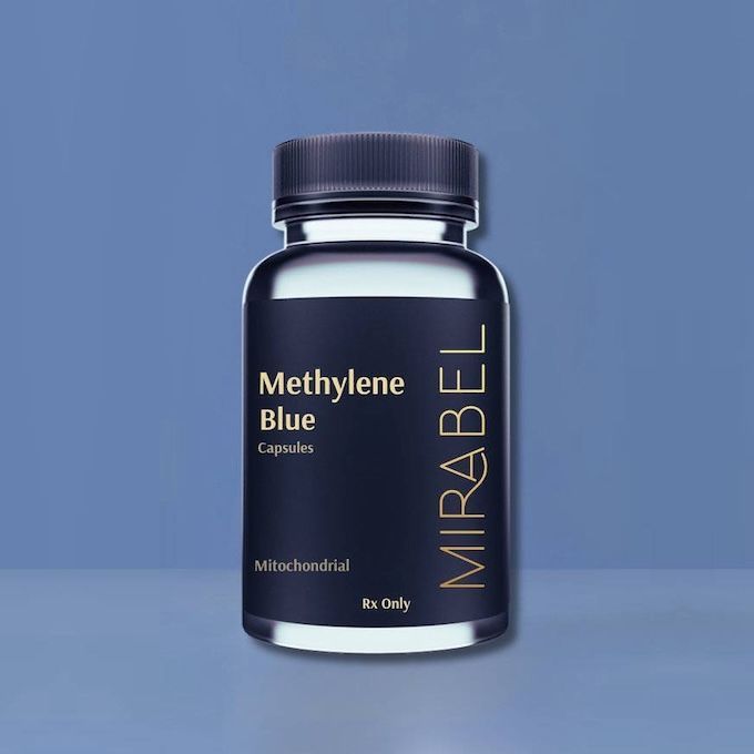Bottle of Methylene Blue capsules by Mirabel, dark blue with gold lettering on a blue background.