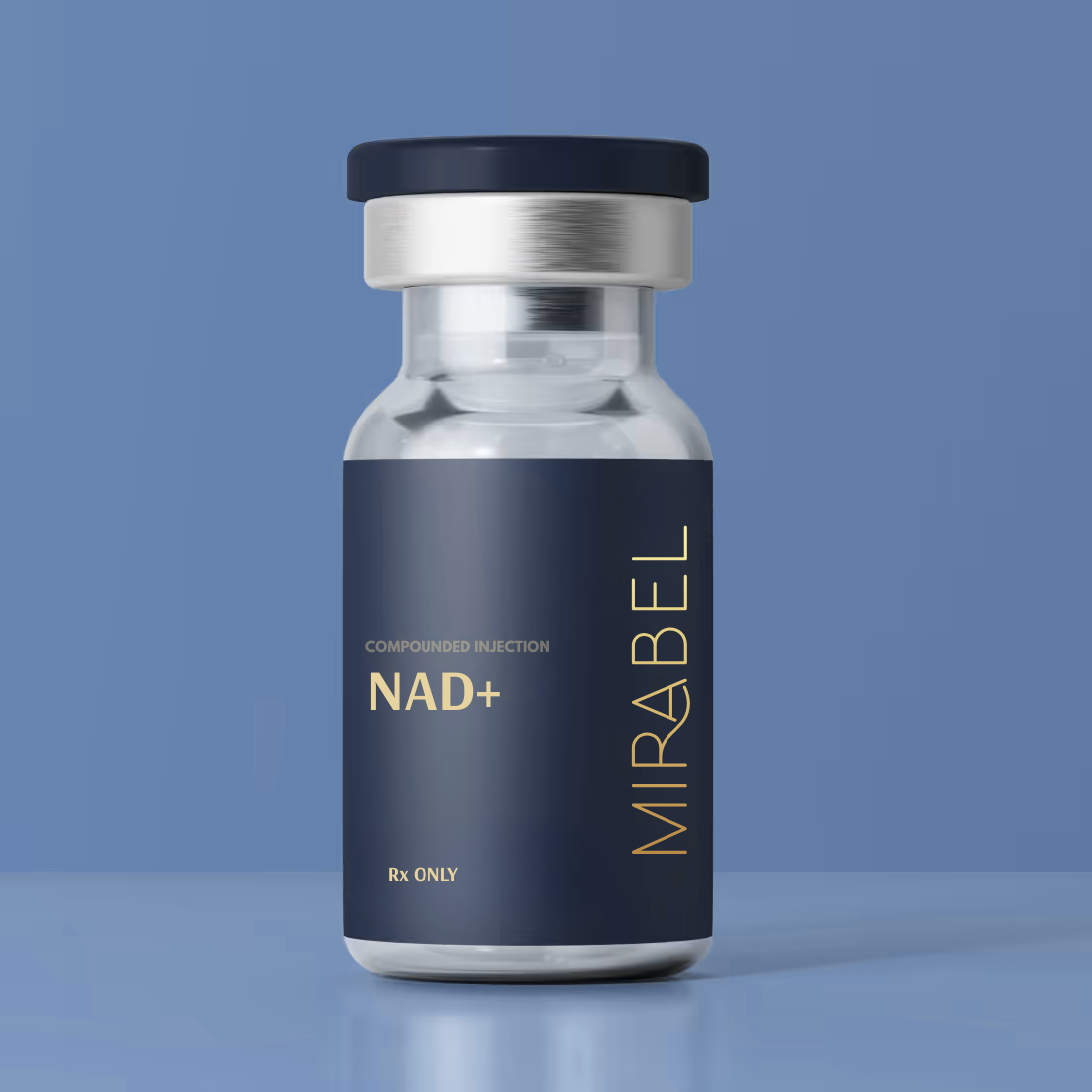Vial labeled "MIRABEL NAD+" on a dark blue background.