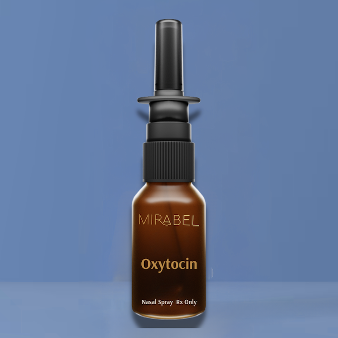 Brown oxytocin nasal spray bottle on blue background.