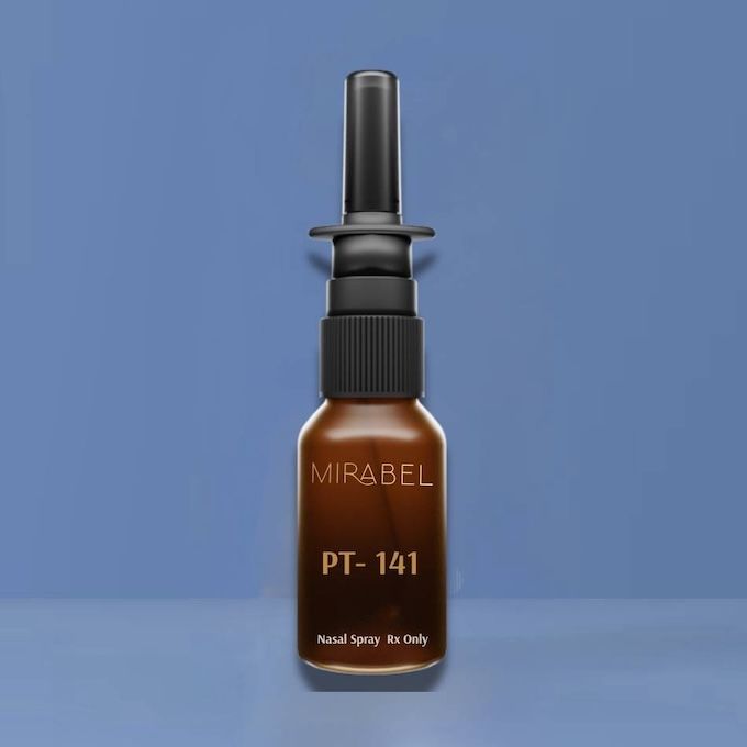 A brown Mirabel PT-141 nasal spray bottle, against a blue background.