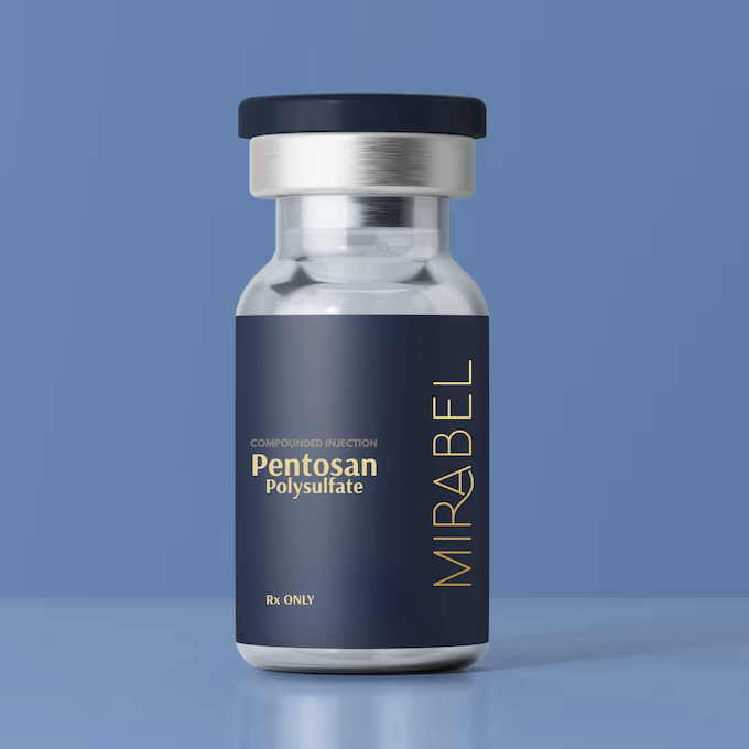 Vial of Mirabel pentosan polysulfate injection with dark blue label, gold text, and blue background.