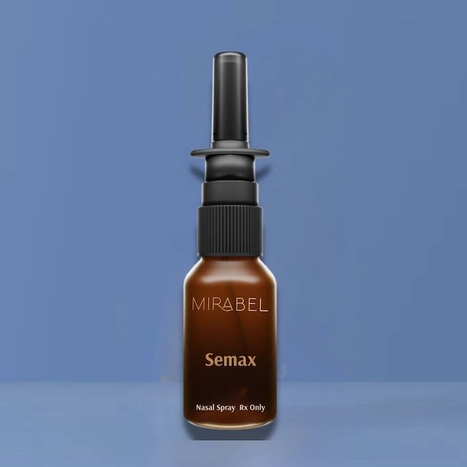 Mirabel Semax nasal spray bottle, brown glass, black nozzle, on blue background.