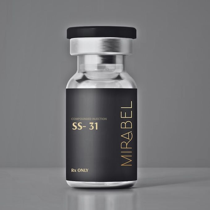 A vial of Mirabel SS-31, a medication. Black label, gold text, "Rx Only".