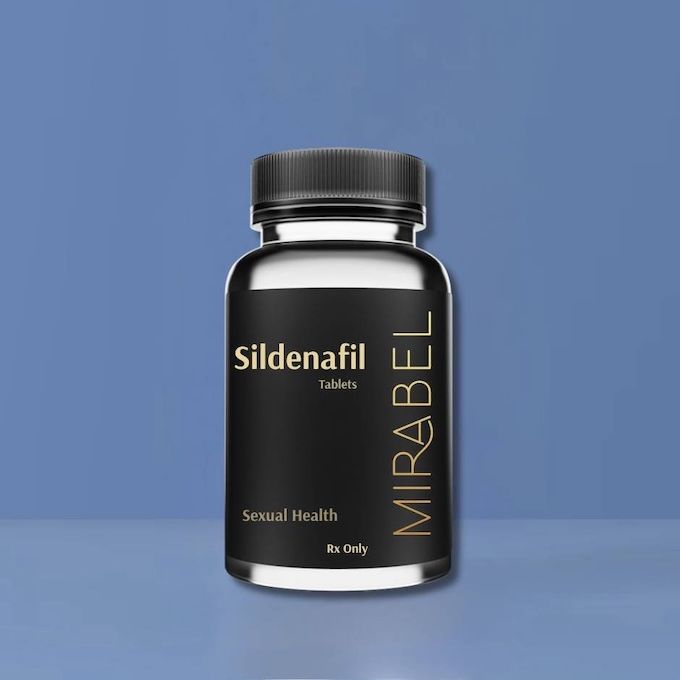 Bottle of Mirabel Sildenafil pills for sexual health, black label, gold lettering.