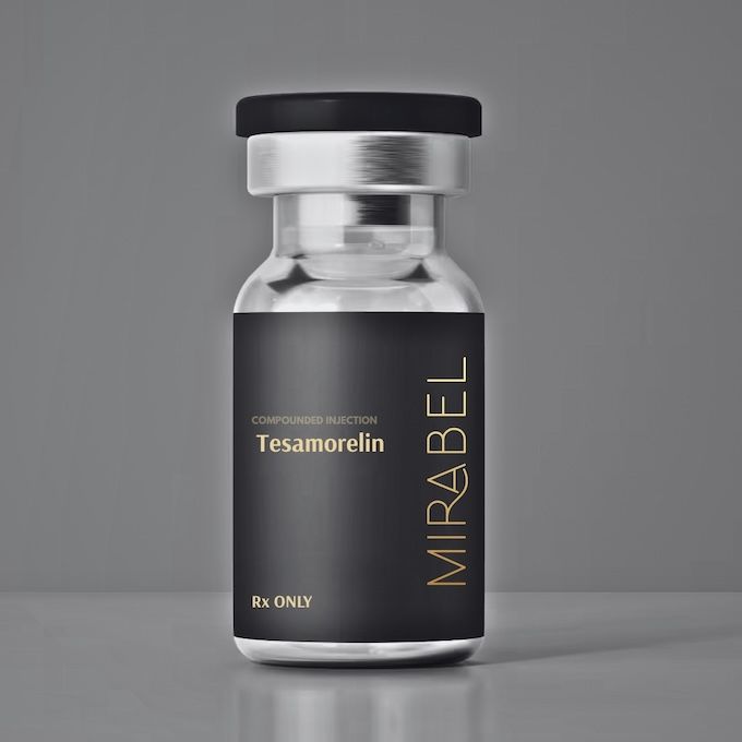 Vial of Tesamorelin (MIRABEL) with black label, silver cap, and "Rx ONLY" on a gray background.