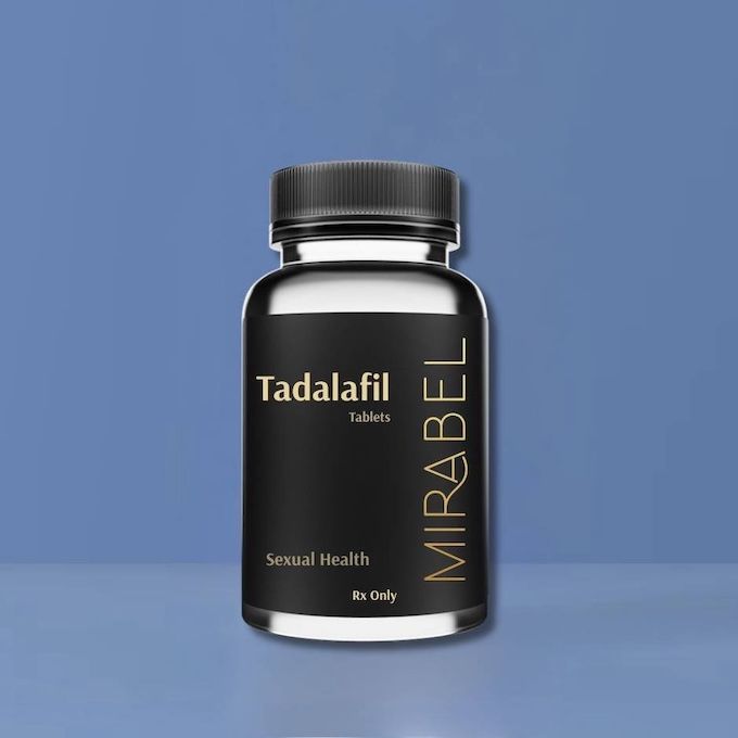 A bottle of Tadalafil pills, dark with gold lettering, for sexual health, on a blue background.