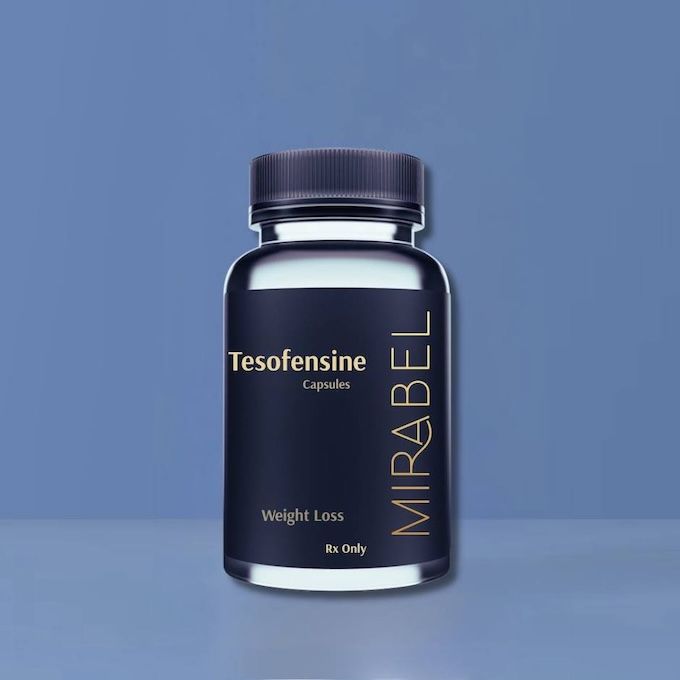 A bottle of "Tesofensine" weight loss pills labeled "MIRABEL" on a blue background.