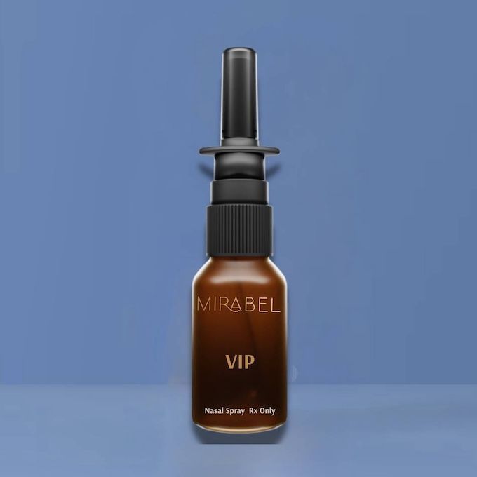 Brown nasal spray bottle labeled "MIRABELL VIP" against a blue background.