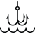 Fishing hooks above wavy lines, likely representing water.