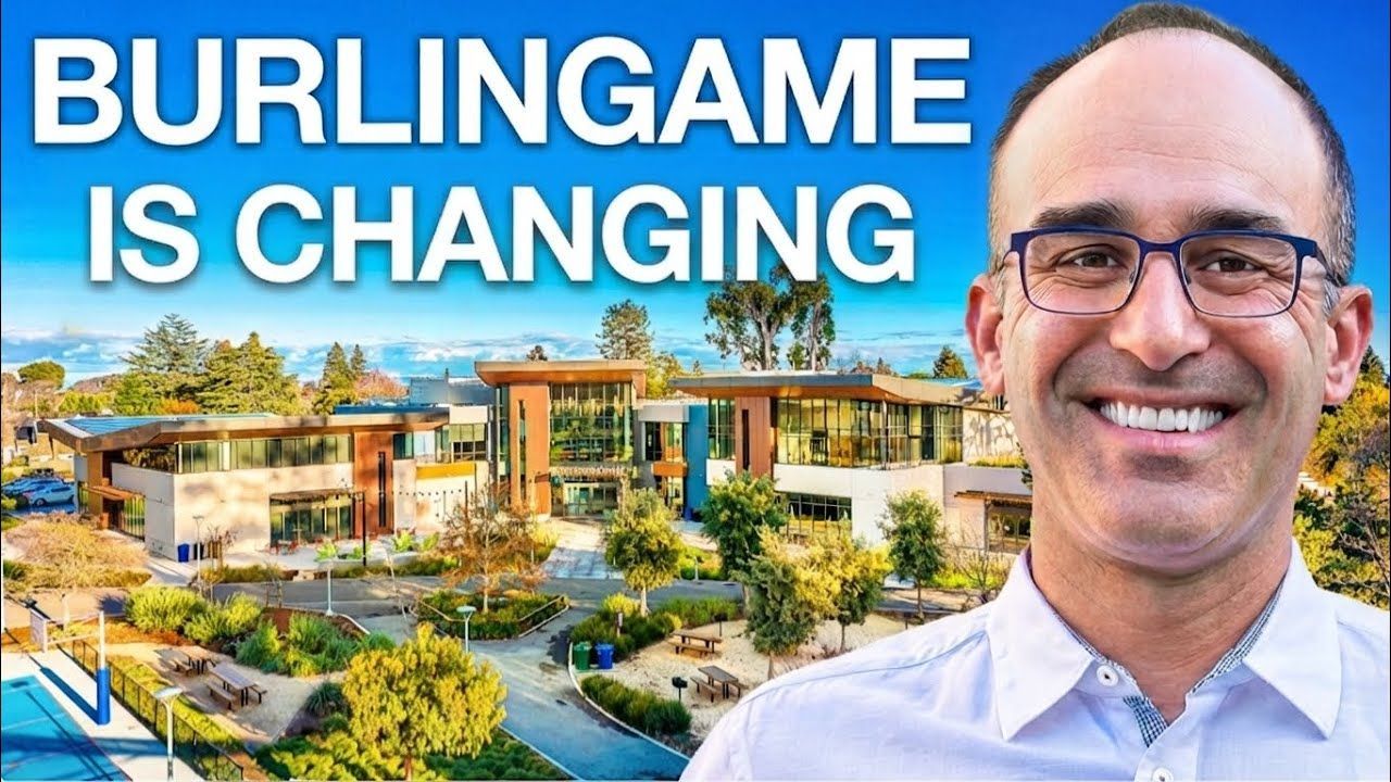 “Burlingame is changing” text over a sunny development rendering and smiling man portrait