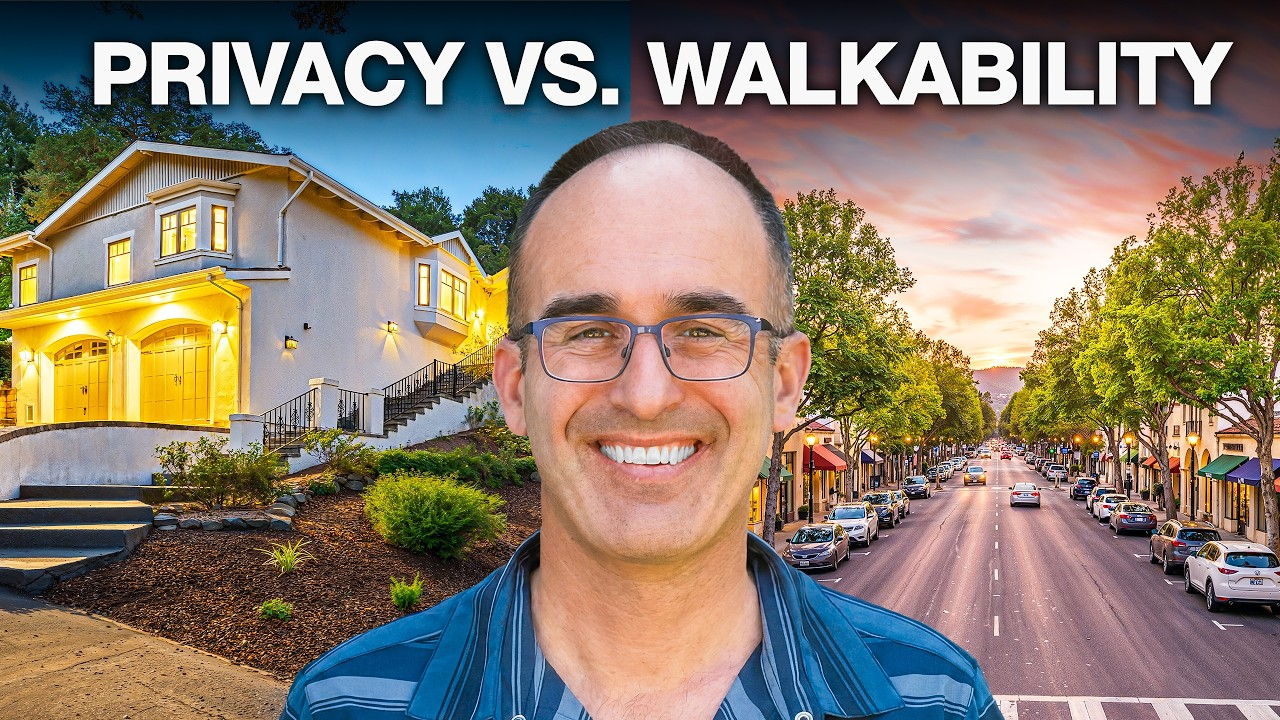 Smiling man in front of split scene: bright house and tree-lined street, text reads “PRIVACY VS. WALKABILITY”