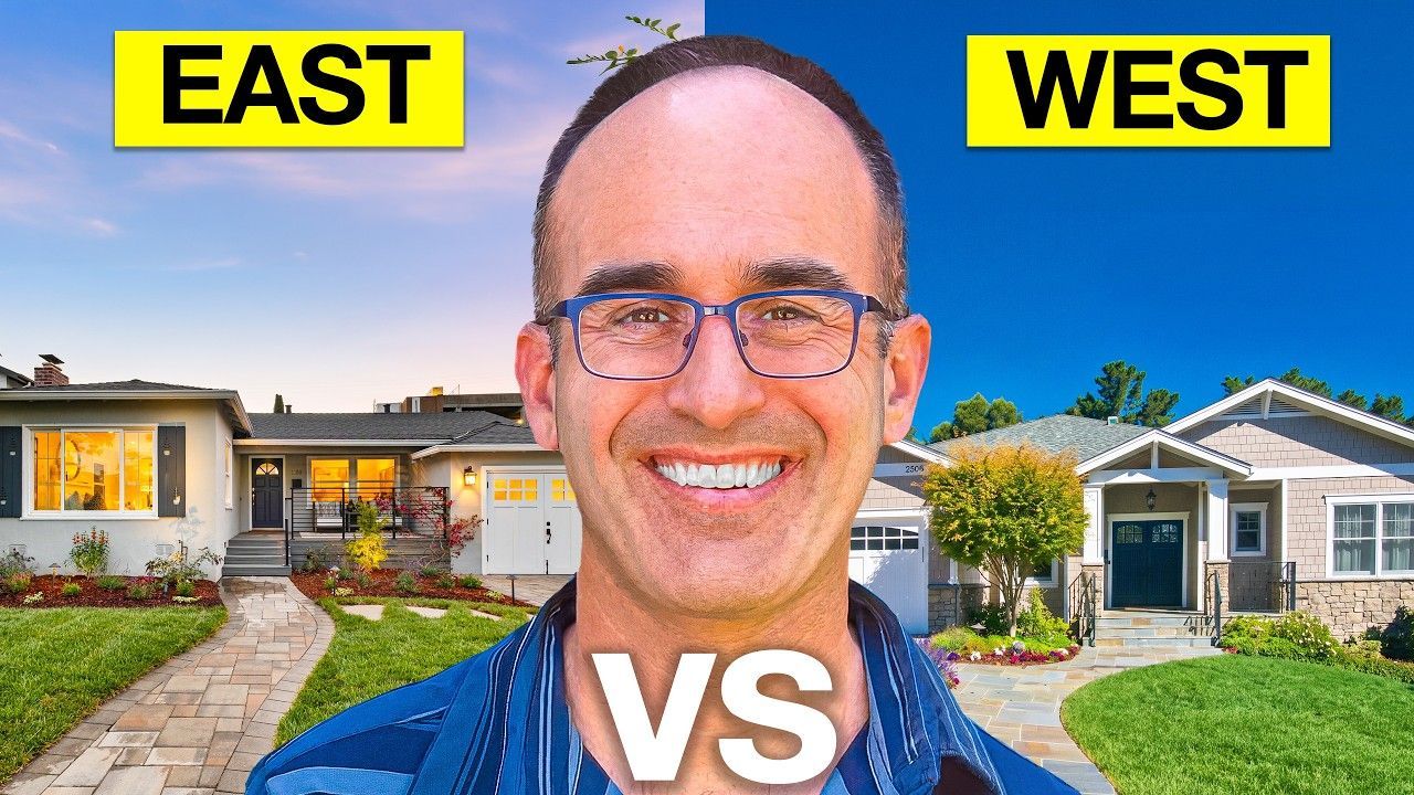 Split-screen home comparison labeled EAST vs WEST with a smiling man centered between two houses.