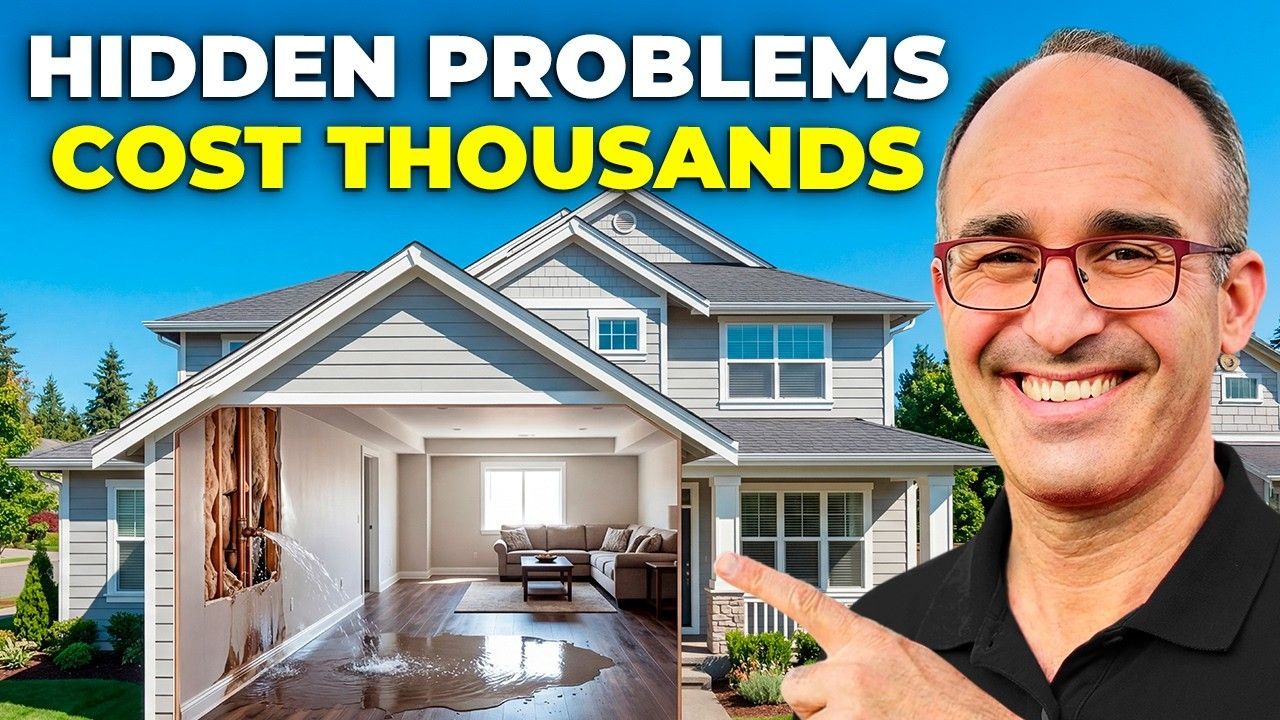 House with wet flooded garage beside smiling man pointing; text reads “HIDDEN PROBLEMS COST THOUSANDS”