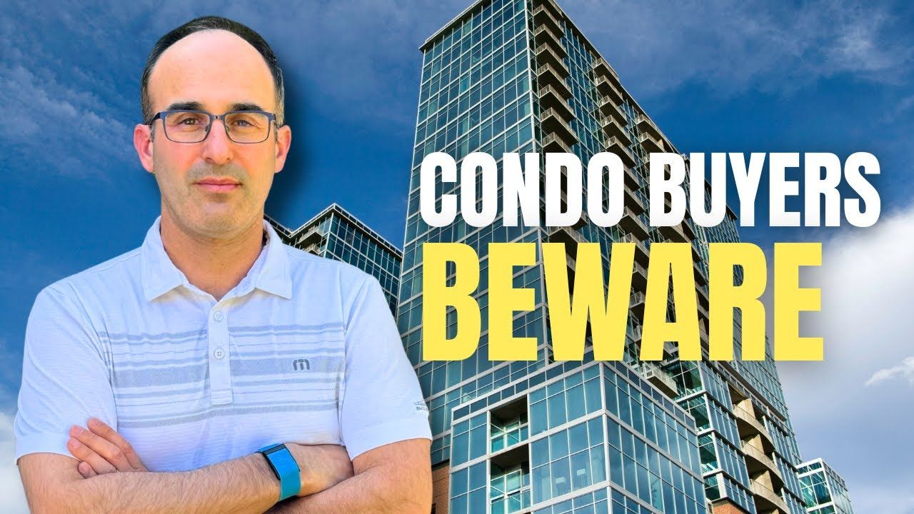Man standing beside text reading “CONDO BUYERS BEWARE” over a city condo backdrop