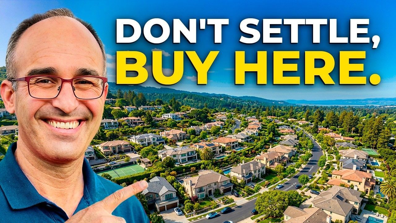 Smiling man pointing over aerial neighborhood view with text: “DON’T SETTLE, BUY HERE.”