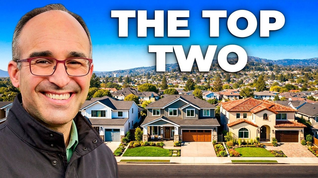 Man with glasses smiling next to three houses; text reads