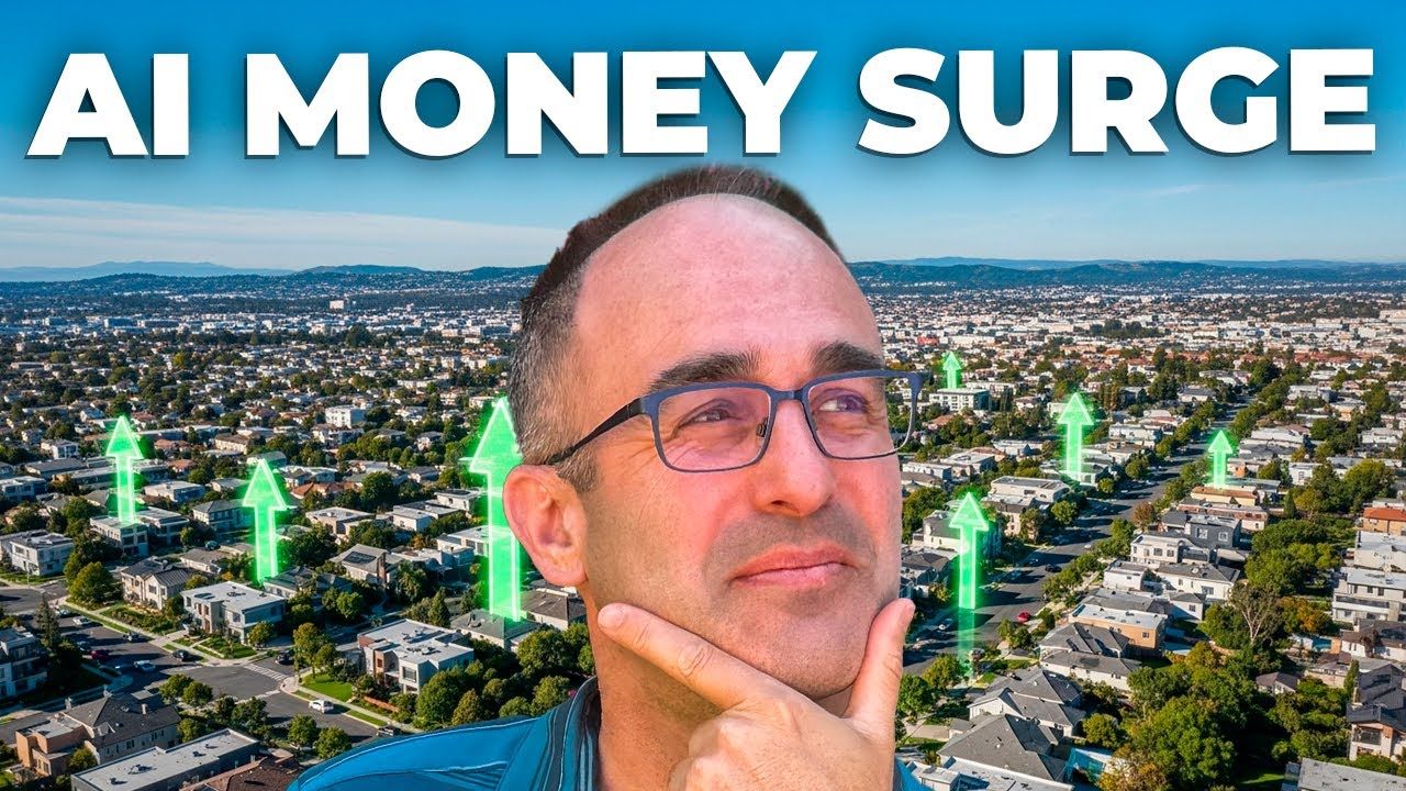 Man contemplating in front of suburban houses, green arrows rising. Headline: AI MONEY SURGE.