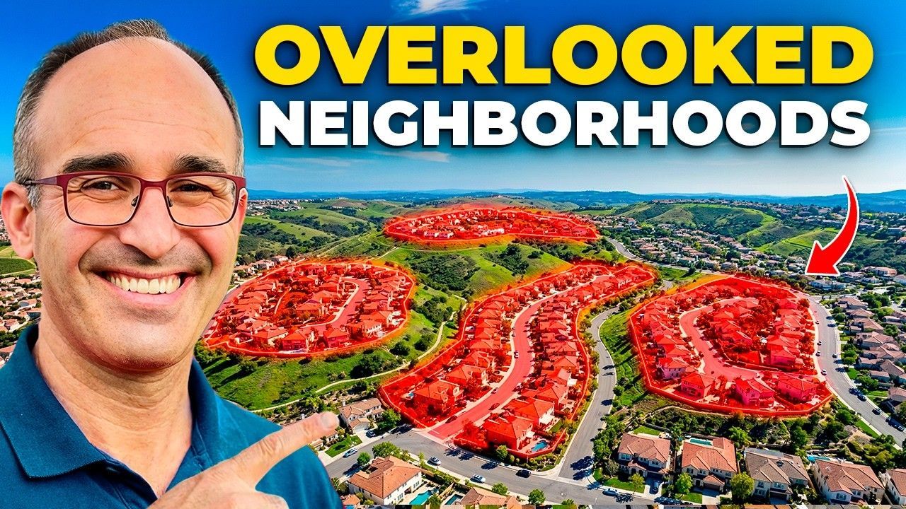 A smiling person points to an aerial view of suburban housing developments highlighted in red under the text