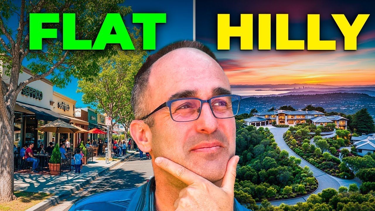 Man pondering options, split screen: left - shops; right - hillside homes. Green/yellow titles: 