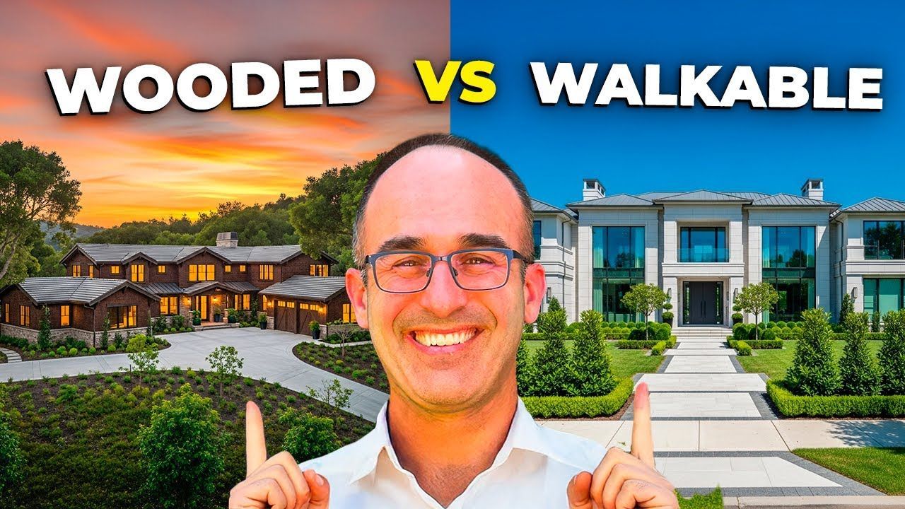 A man with glasses points to a wooded house and a walkable house. The background is a sunset and a bright blue sky.