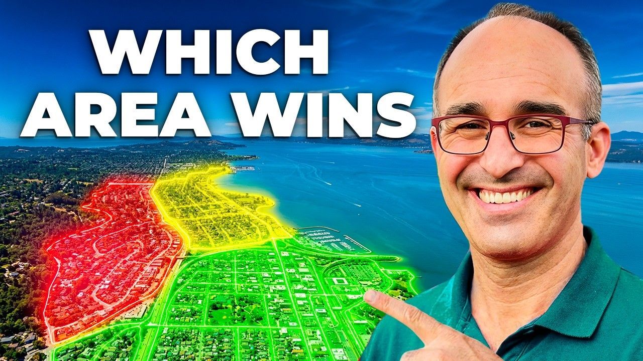 A smiling person points at a map with red, yellow, and green zones layered over a city coastal scene with text: WHICH AREA WINS.