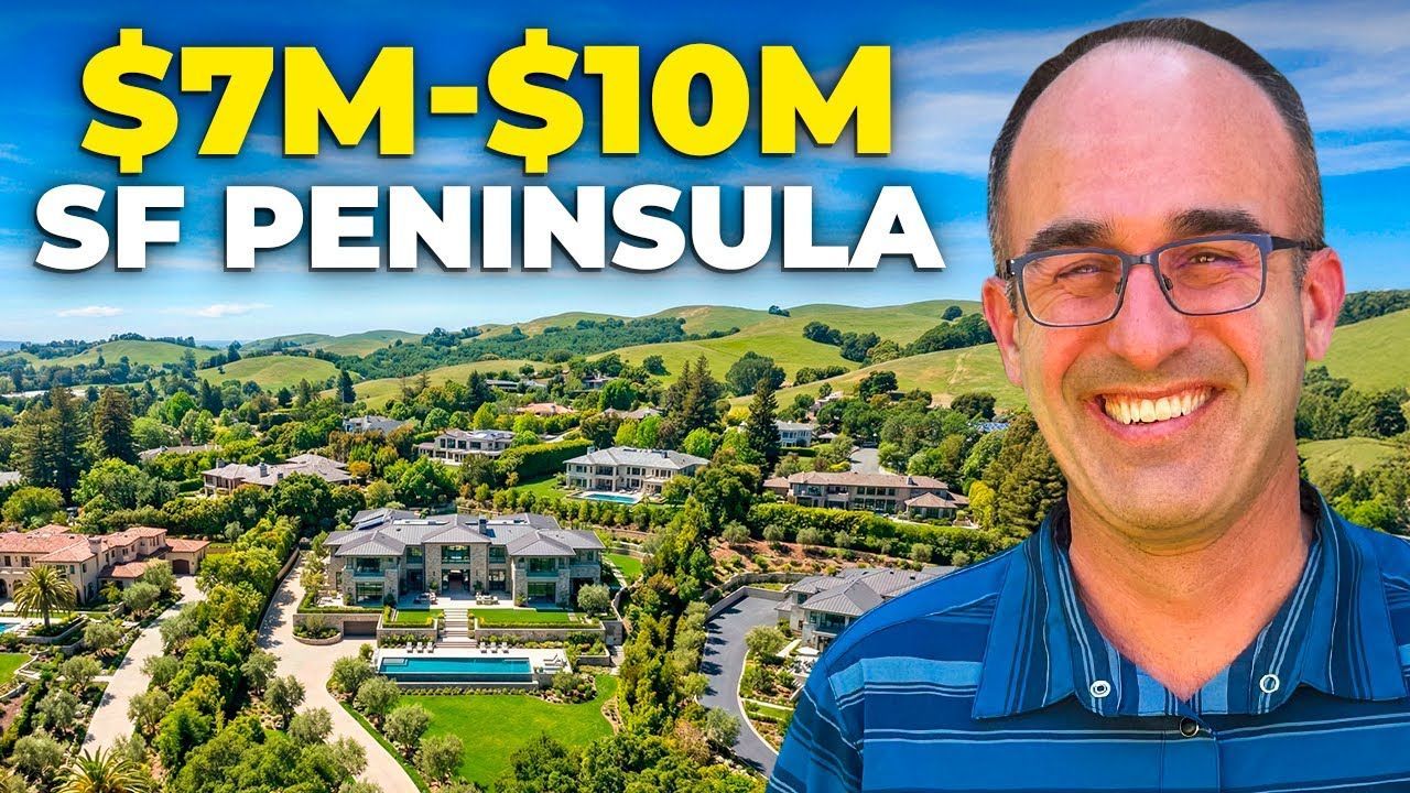 Man with glasses smiles, beside luxurious homes in the San Francisco Peninsula. Text: