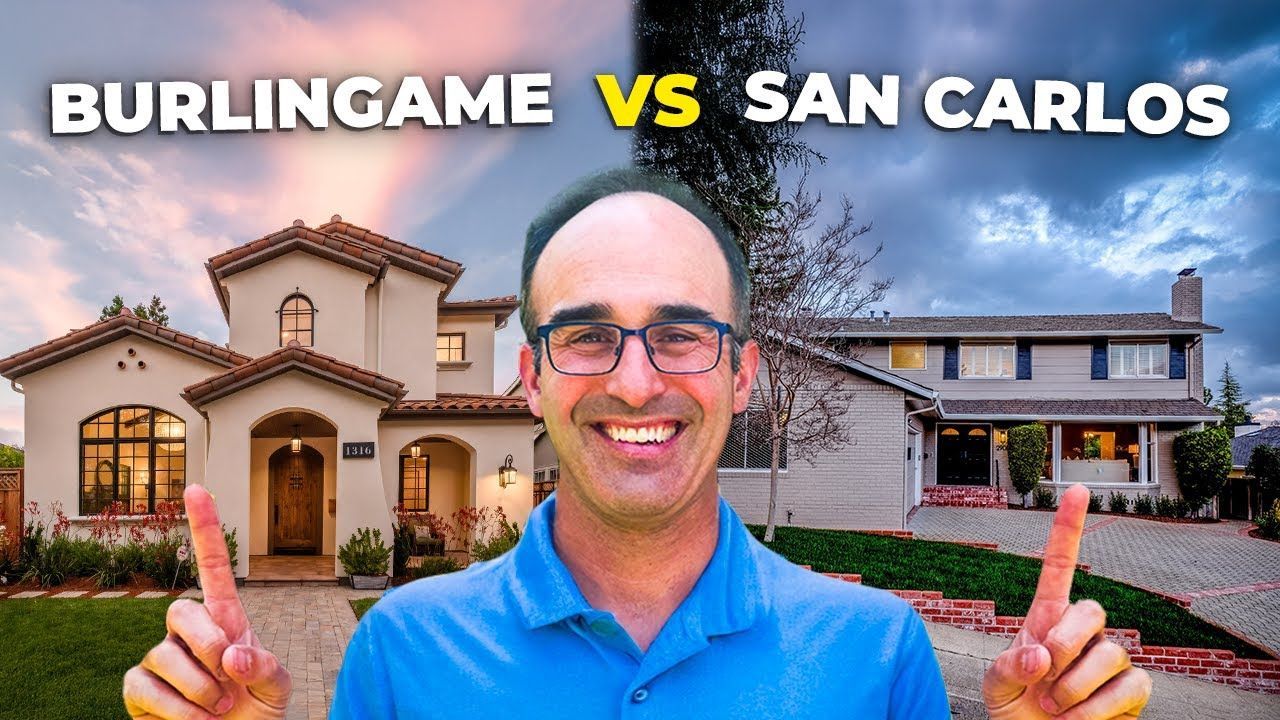 Man pointing at houses, Burlingame vs. San Carlos comparison. Houses on either side, cloudy sky.