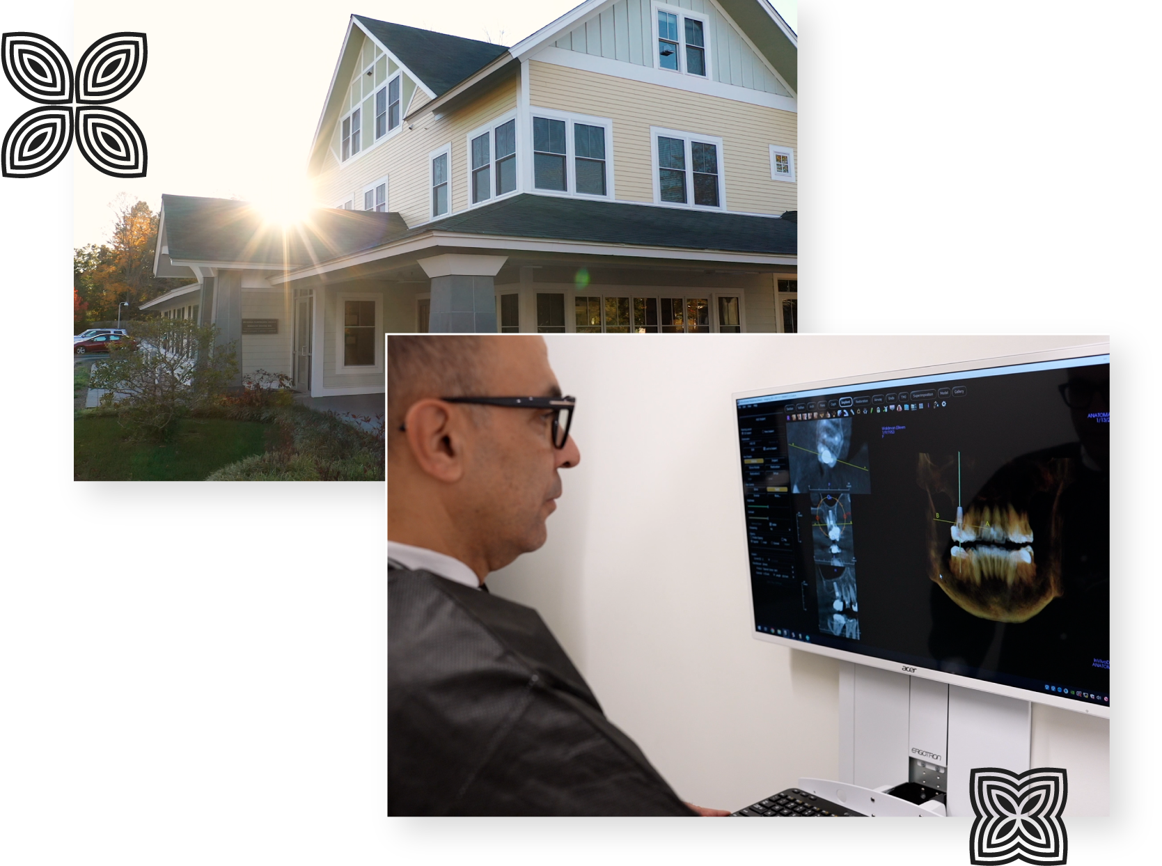 A collage of an exterior image of Madison Dental Spa and an image of Dr. Almouzayn looking at a monitor