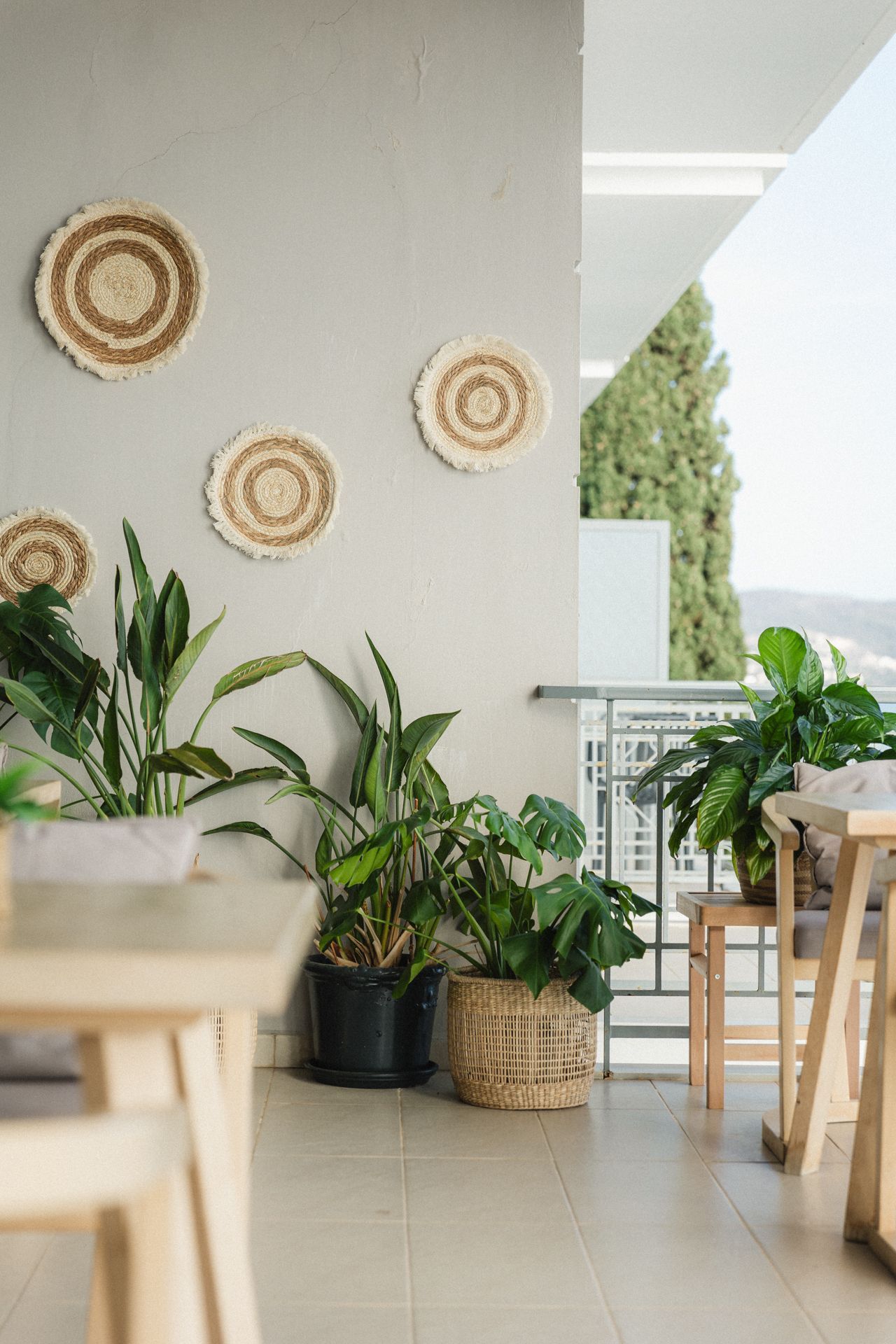 A balcony with a lot of potted plants and plates on the wall.