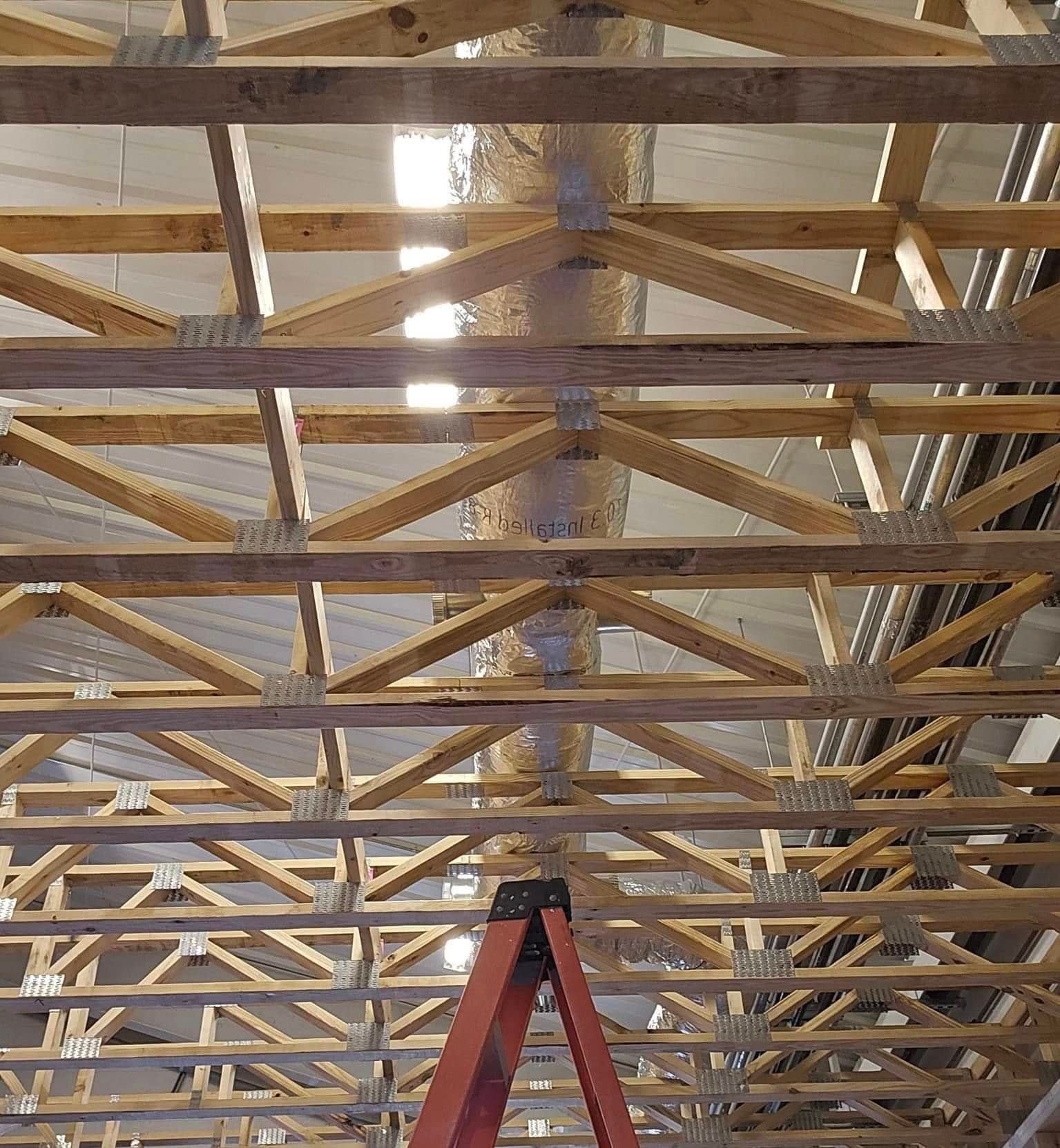 A ladder is sitting in the middle of a wooden structure.