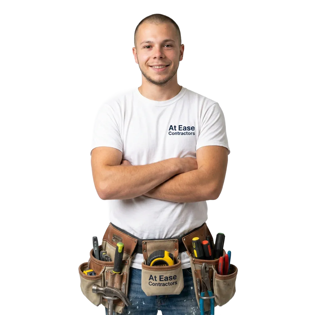 Smiling carpenter with house and interior remodeling examples.