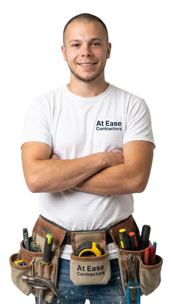 A smiling construction worker wearing a white t-shirt and a tool belt stands with arms crossed against a white background.