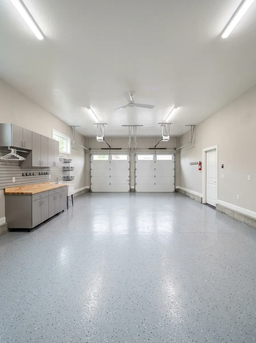 A newly poured concrete pad in a gravel area, with trees in the background under a blue sky.