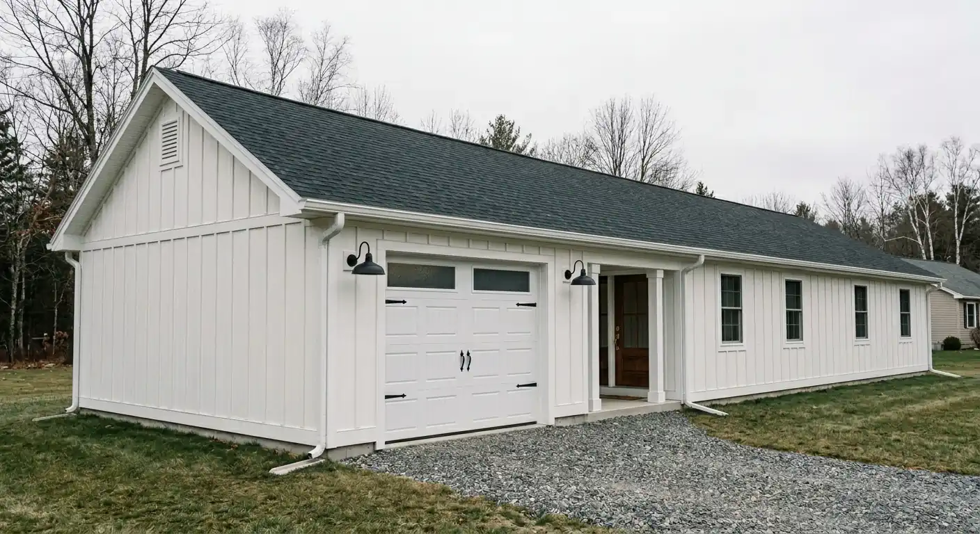 Interior view of a cabin with wood walls and ceiling, wood-burning stove, and a dark floor.