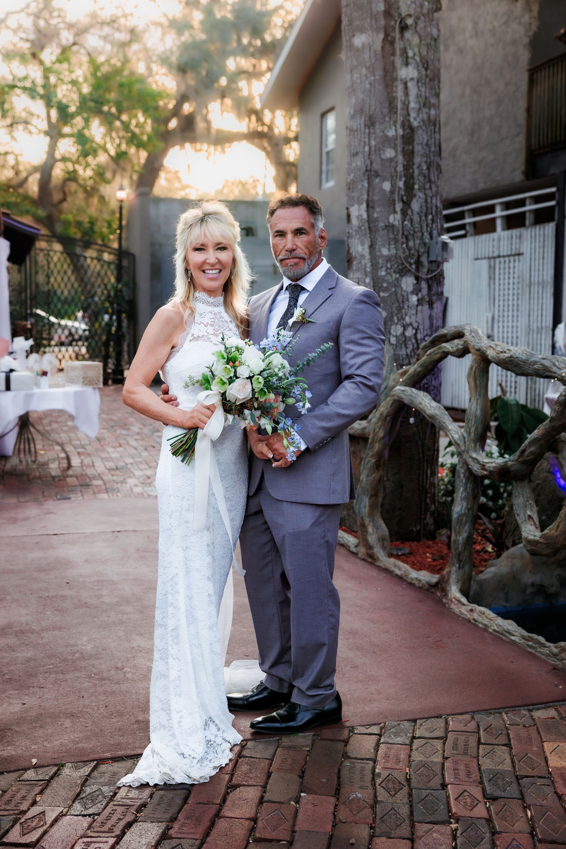 bride and groom photo at shape of water brick walkway