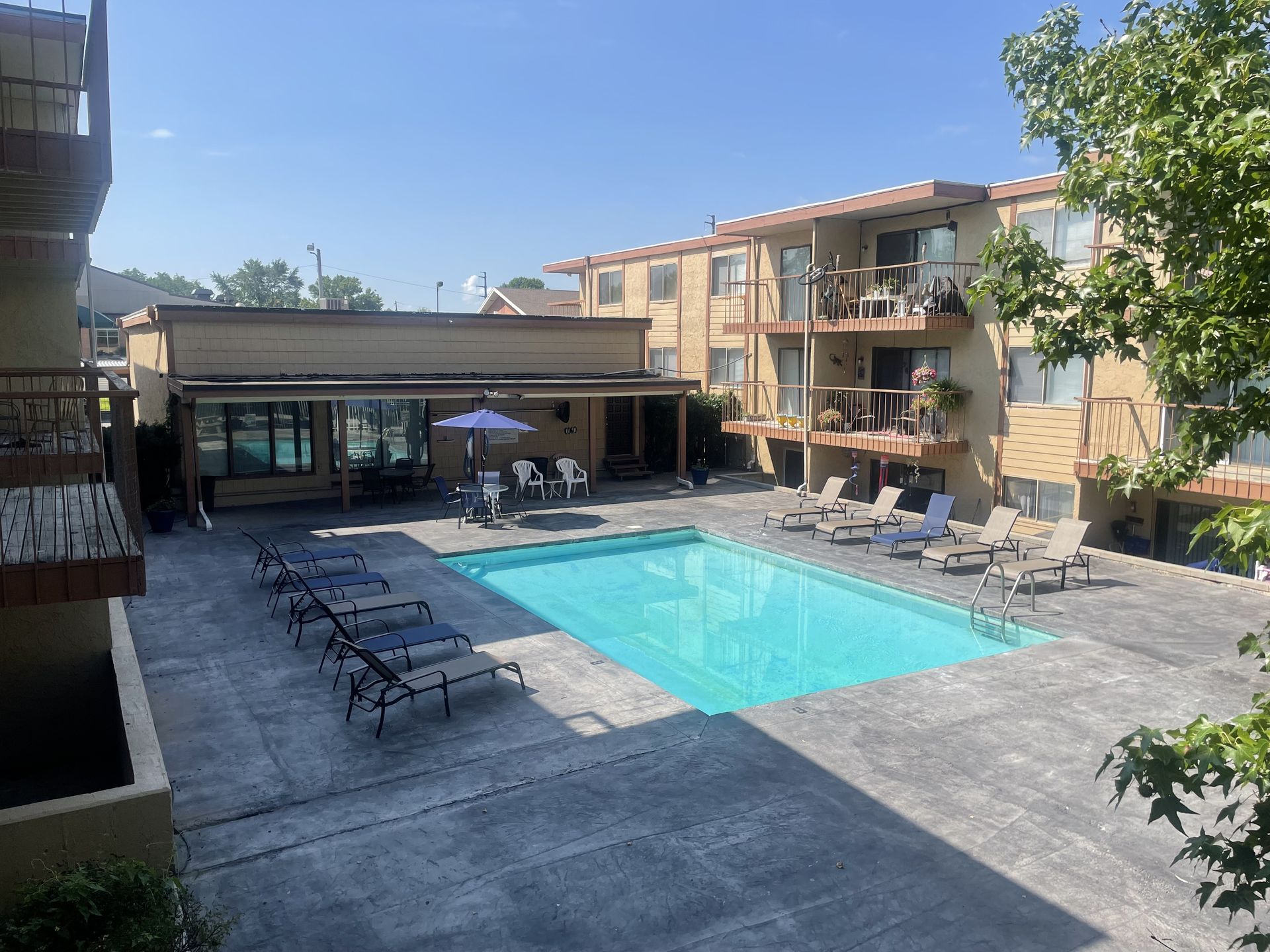 Swimming pool area with lounge chairs, building, and umbrellas. Sunny day.