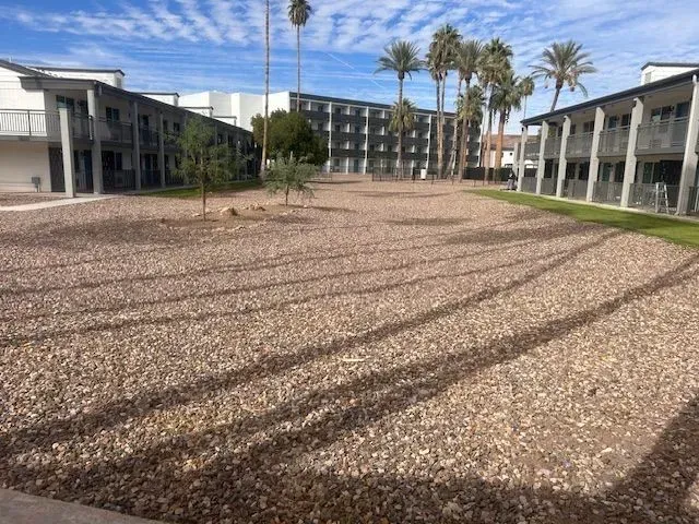 Gravel courtyard between multi-story buildings with palm trees under a blue sky, long shadows.