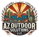 Logo for AZ Outdoor Solutions, featuring Arizona desert scene with cacti, star, and text.